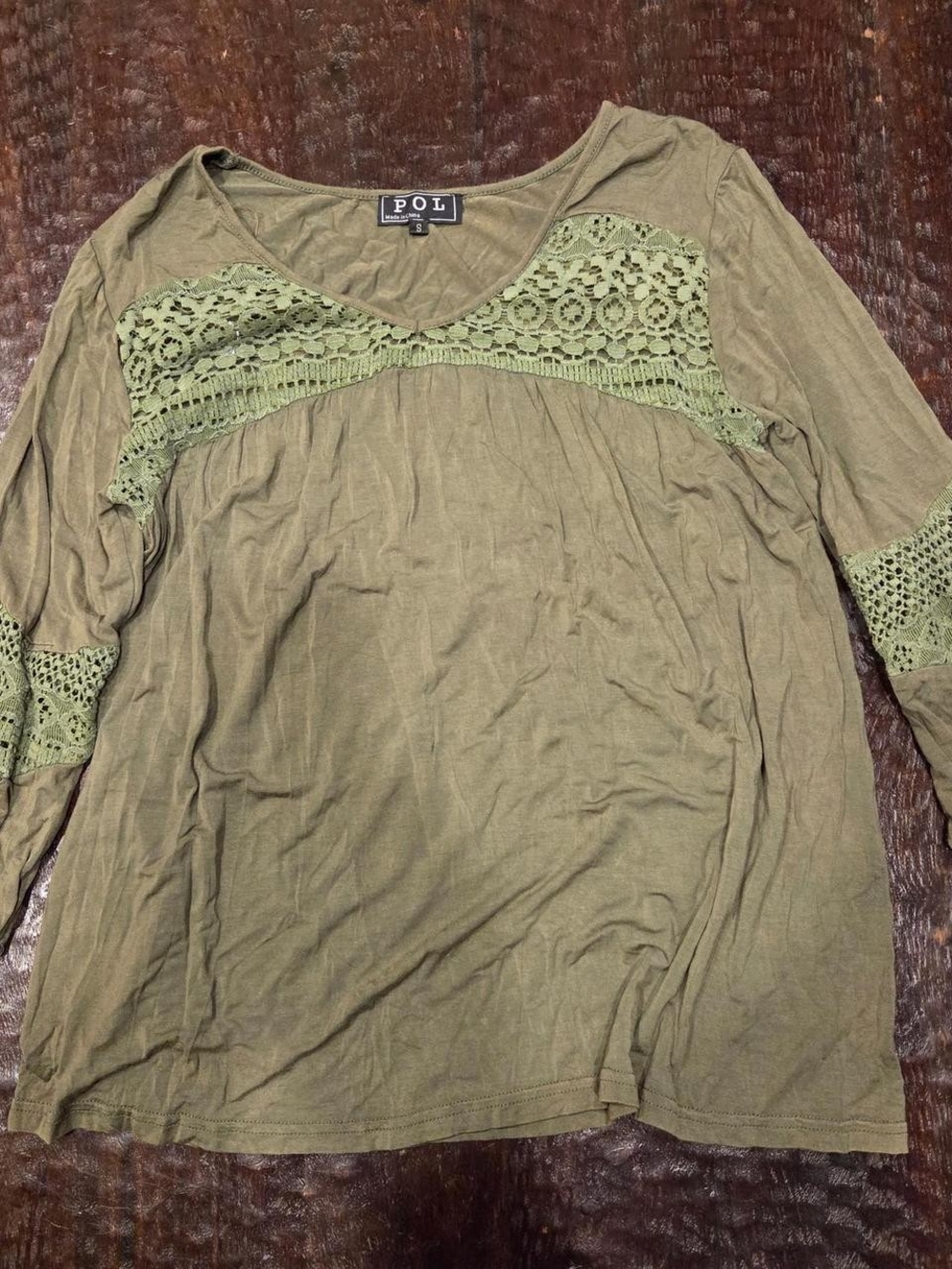 POL Olive Lace-Trim Long Sleeve Tee